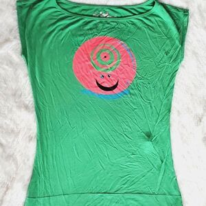 Kira Plastinina Y2K Pink Swirl Monster Cap Sleeve Stretch Tee Shirt Size XS RARE